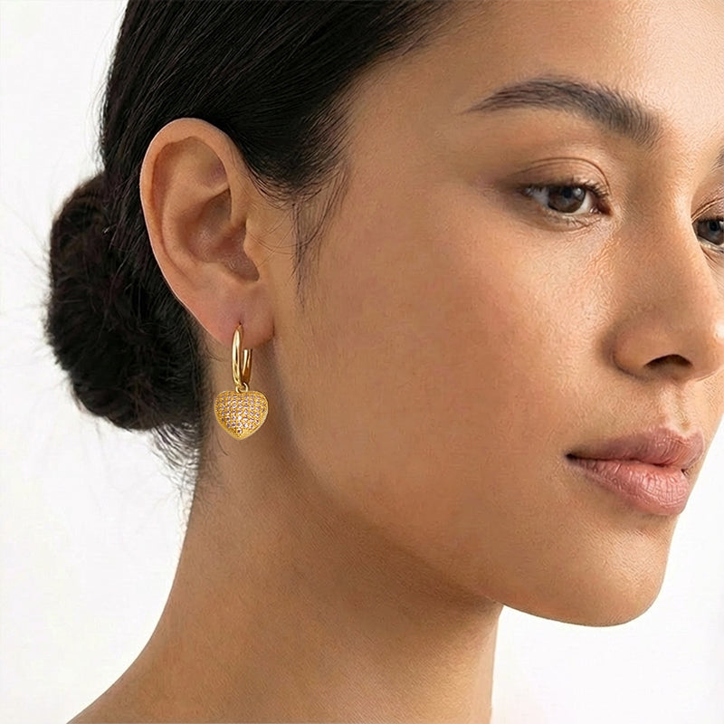 Pavé Heart Drop Earrings – 18K Gold Plated CZ Hoop Earrings