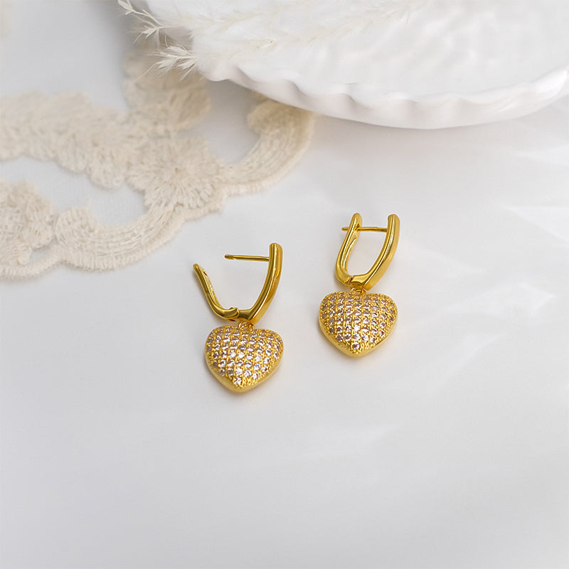 Pavé Heart Drop Earrings – 18K Gold Plated CZ Hoop Earrings