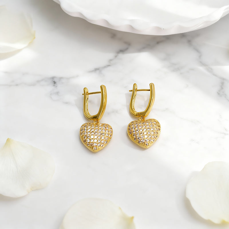 Pavé Heart Drop Earrings – 18K Gold Plated CZ Hoop Earrings