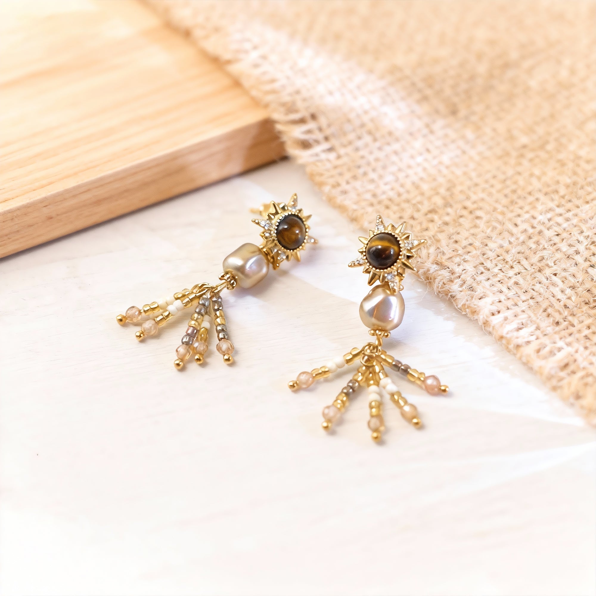 Boho-Chic 18K Gold-Plated Sun & Pearl Drop Earrings: Radiate Unique Style!