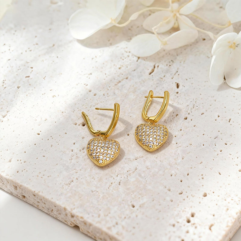 Pavé Heart Drop Earrings – 18K Gold Plated CZ Hoop Earrings